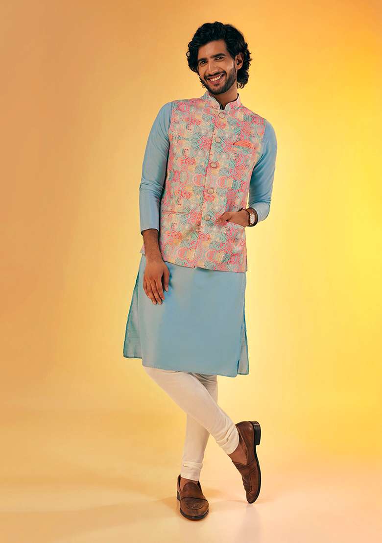 Multicolour Textured Silk Blend Kurta Jacket Set - Indya