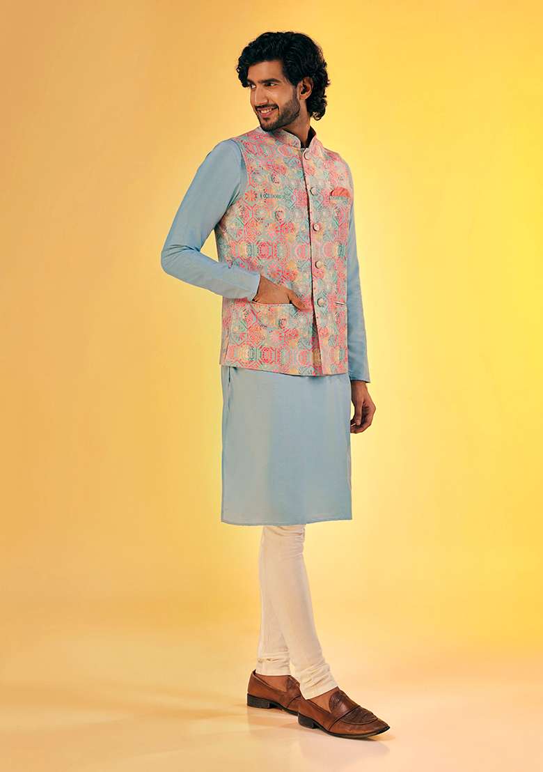 Multicolour Textured Silk Blend Kurta Jacket Set - Indya