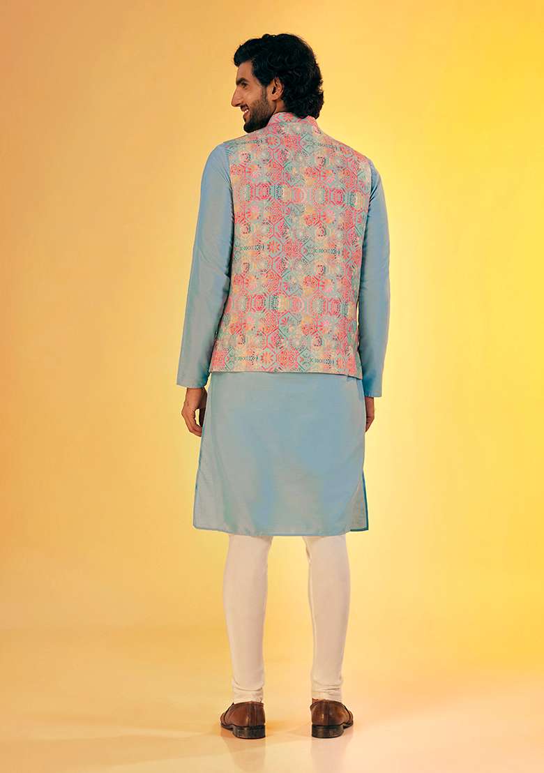 Multicolour Textured Silk Blend Kurta Jacket Set - Indya