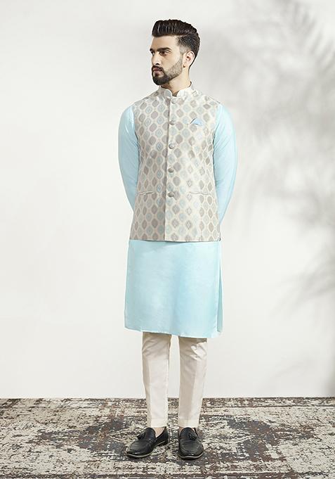 Off White Jacquard Silk Blend Kurta Jacket Set
