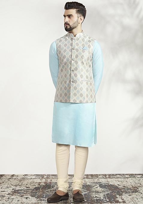 Off White Jacquard Silk Blend Kurta Jacket Set
