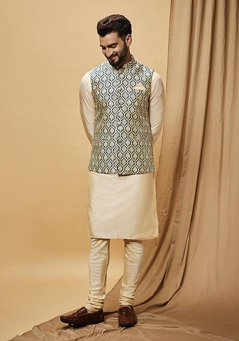 Blue Jacquard Silk Blend Kurta Jacket Set