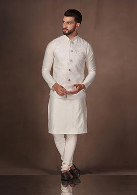 Off white Embroidered Silk Blend Kurta Jacket Set