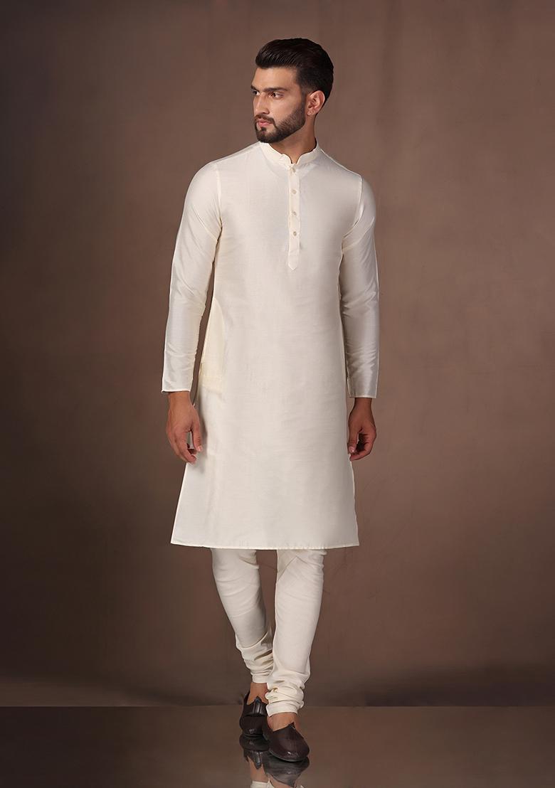 Off white Embroidered Silk Blend Kurta Jacket Set - Indya