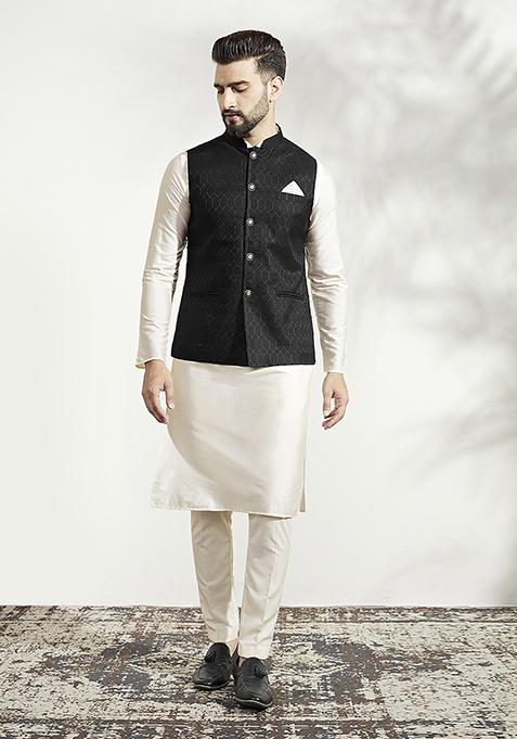 Black Jacquard Silk Blend Kurta Jacket Set