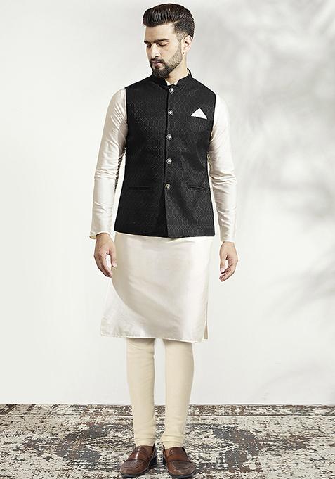 Black Jacquard Silk Blend Kurta Jacket Set