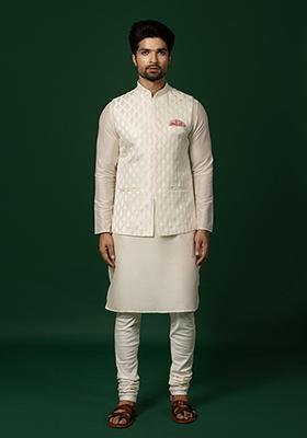 White Textured Silk Blend Kurta Jacket Set