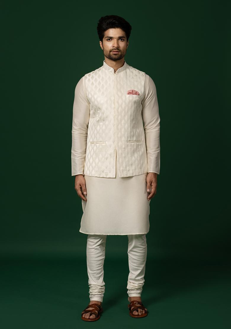 White Textured Silk Blend Kurta Jacket Set