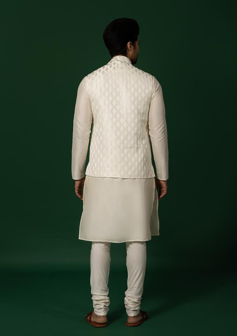 White Textured Silk Blend Kurta Jacket Set