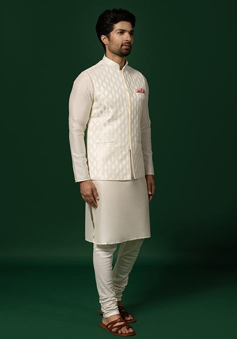 White Textured Silk Blend Kurta Jacket Set