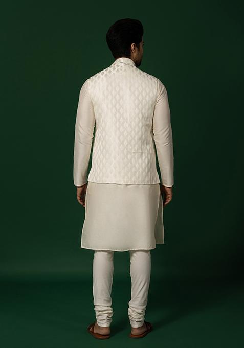 White Textured Silk Blend Kurta Jacket Set