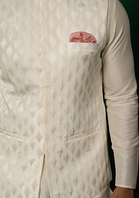 White Textured Silk Blend Kurta Jacket Set