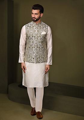 Olive Green Embroidered Silk Blend Kurta Jacket Set