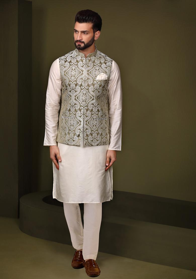 Olive Green Embroidered Silk Blend Kurta Jacket Set
