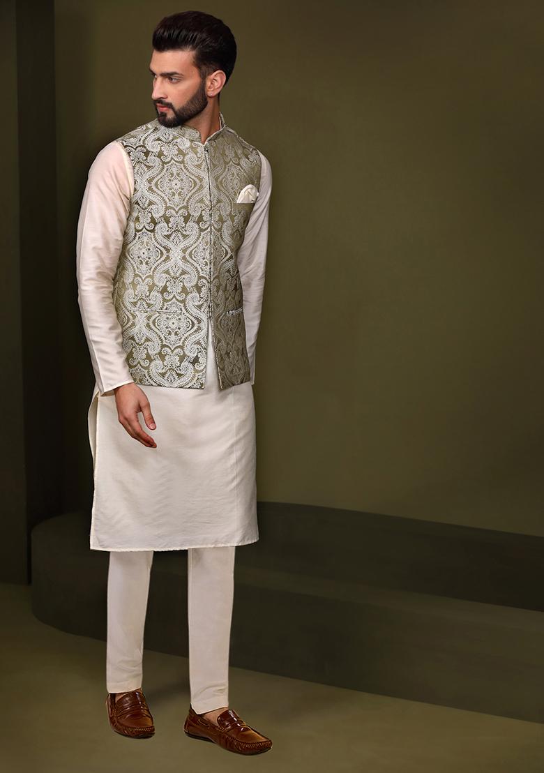 Olive Green Embroidered Silk Blend Kurta Jacket Set