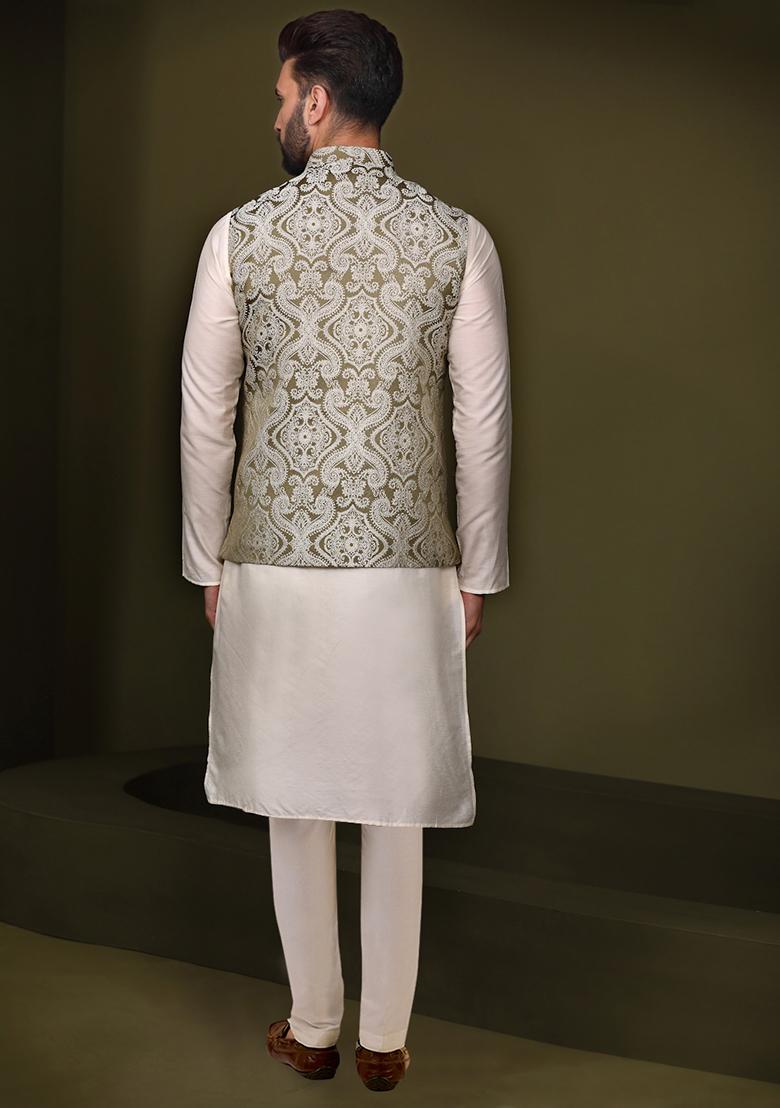 Olive Green Embroidered Silk Blend Kurta Jacket Set