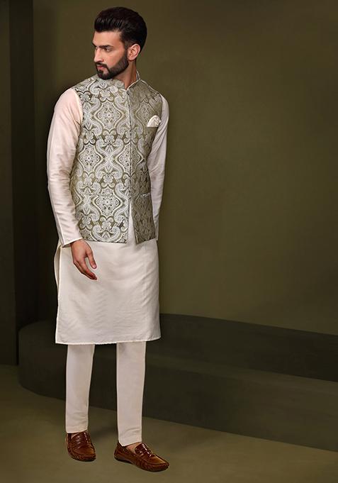 Olive Green Embroidered Silk Blend Kurta Jacket Set