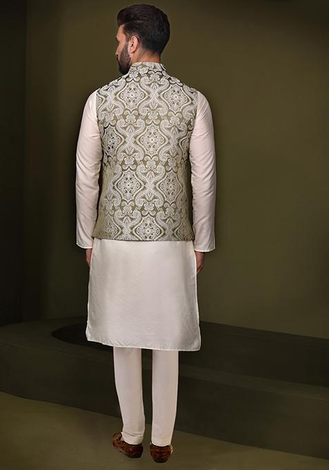 Olive Green Embroidered Silk Blend Kurta Jacket Set