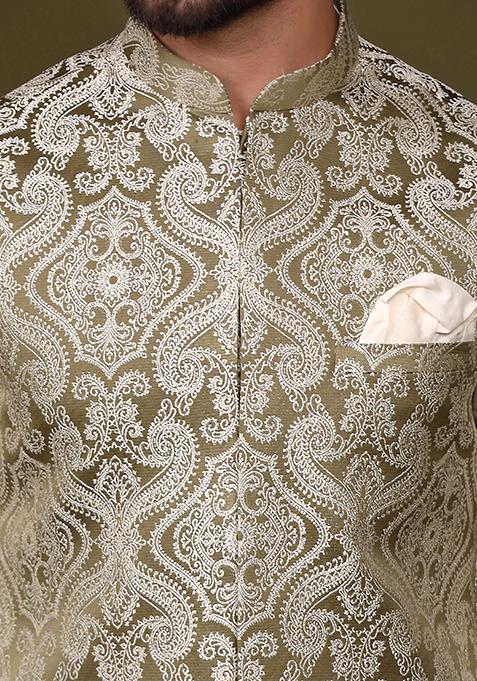 Olive Green Embroidered Silk Blend Kurta Jacket Set