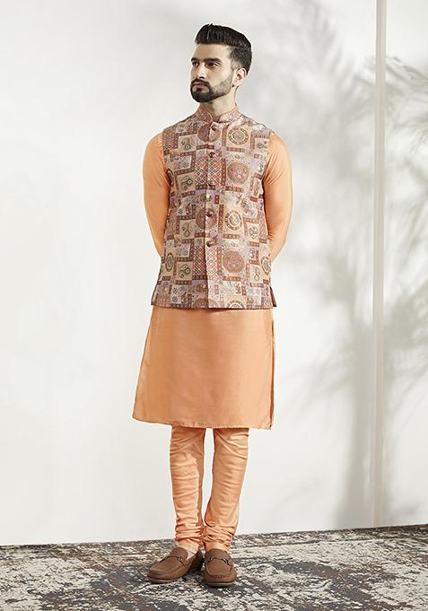 Coral Jacquard Silk Blend Kurta Jacket Set