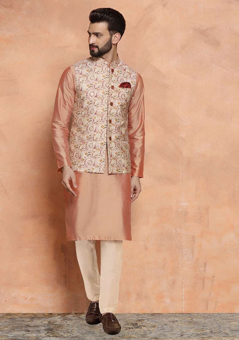 White Printed Cotton Blend Kurta Jacket Set - Indya