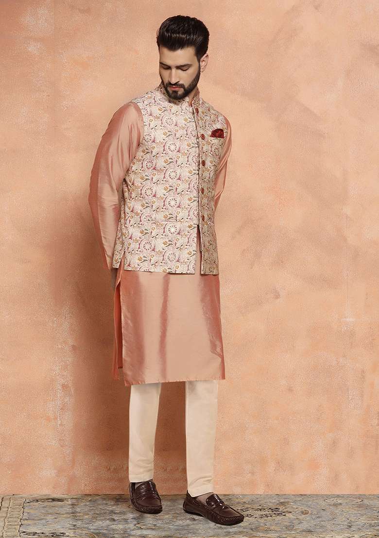 White Printed Cotton Blend Kurta Jacket Set - Indya