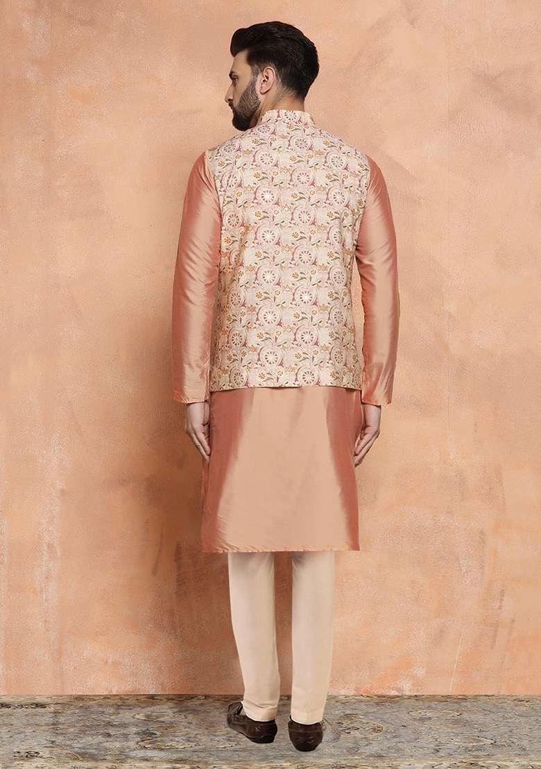 White Printed Cotton Blend Kurta Jacket Set - Indya
