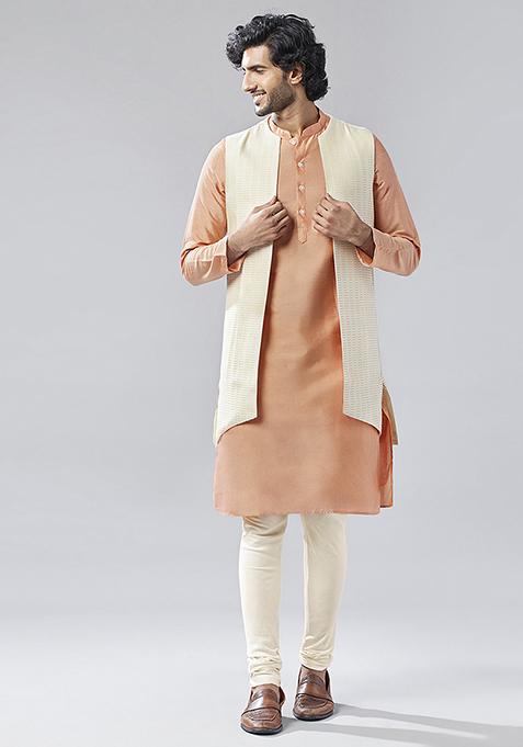 Cream Jacquard Silk Blend Kurta Jacket Set