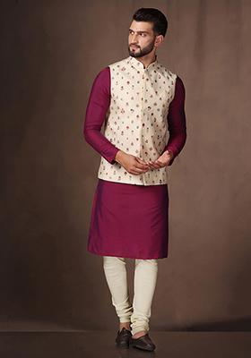 Cream Embroidered Silk Blend Kurta Jacket Set