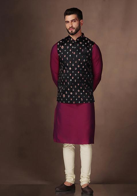 Black Embroidered Silk Blend Kurta Jacket Set