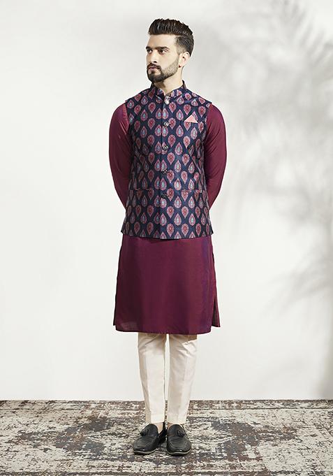 Blue Jacquard Silk Blend Kurta Jacket Set
