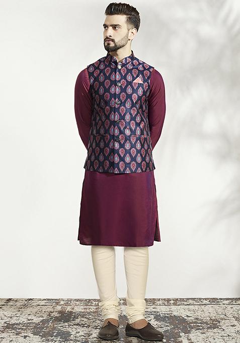 Blue Jacquard Silk Blend Kurta Jacket Set
