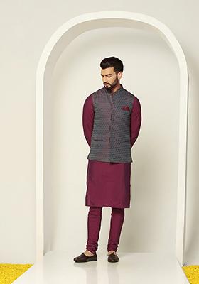 Blue Textured Silk Blend Jacquard Kurta Jacket Set