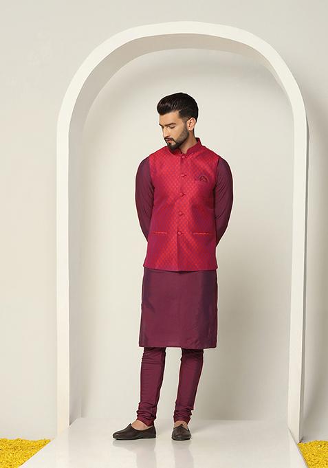 Red Jacquard Silk Blend Kurta Jacket Set