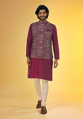 Wine Digital Print Pashmina Kurta Jacket Set