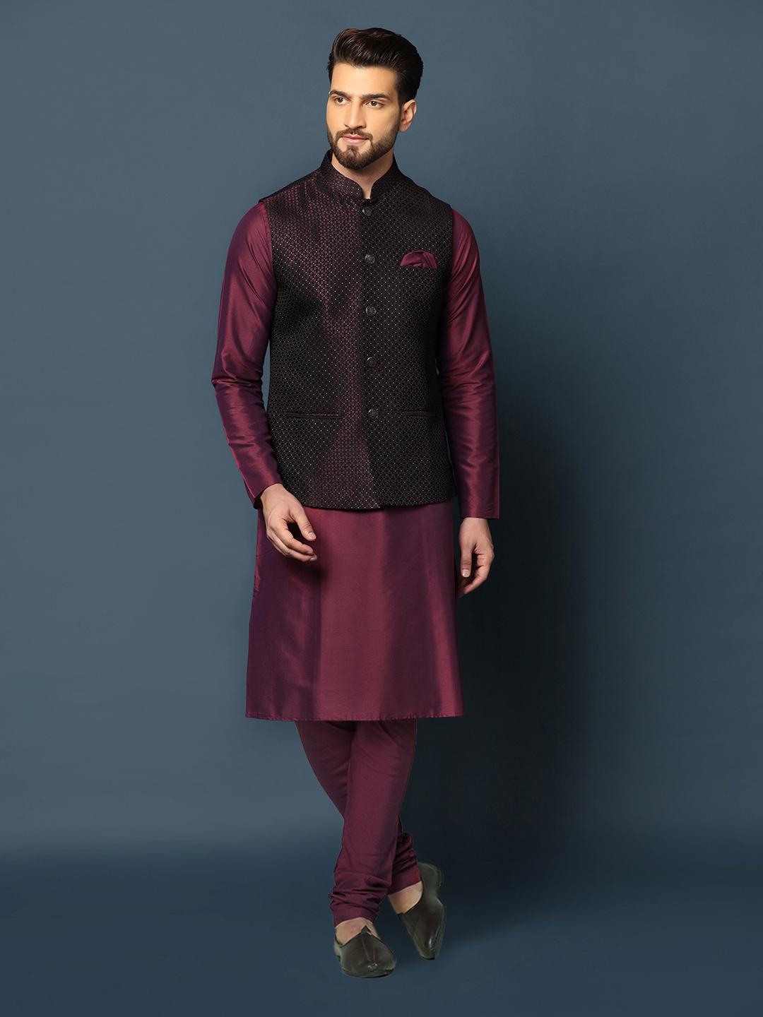 Navy Blue Jacquard Silk Blend Kurta Jacket Set