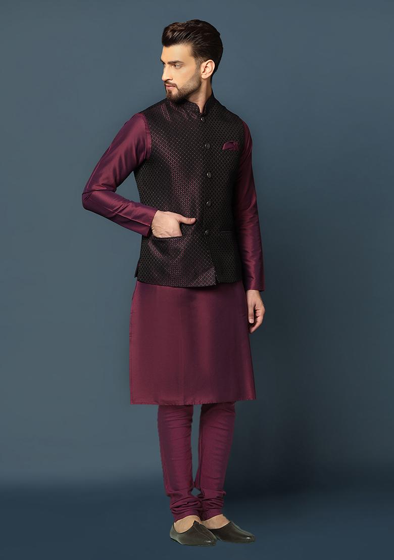 Navy Blue Jacquard Silk Blend Kurta Jacket Set