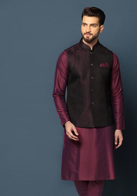 Navy Blue Jacquard Silk Blend Kurta Jacket Set