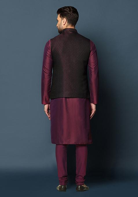 Navy Blue Jacquard Silk Blend Kurta Jacket Set