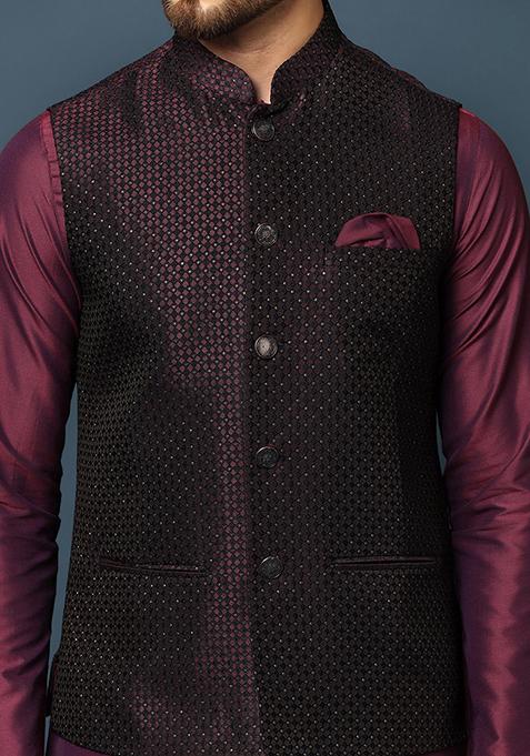 Navy Blue Jacquard Silk Blend Kurta Jacket Set