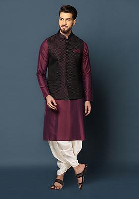 Navy Blue Jacquard Silk Blend Kurta Jacket Set