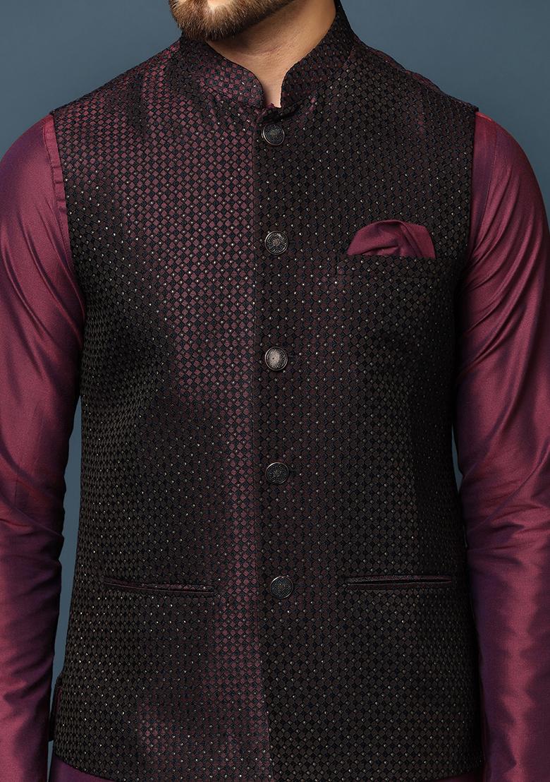 Navy Blue Jacquard Silk Blend Kurta Jacket Set - Indya