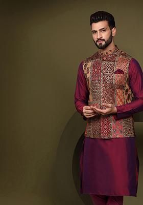 Multicolour Printed Silk Blend Kurta Jacket Set