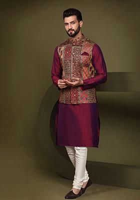 Maroon Printed Cotton Blend Kurta Jacket Set