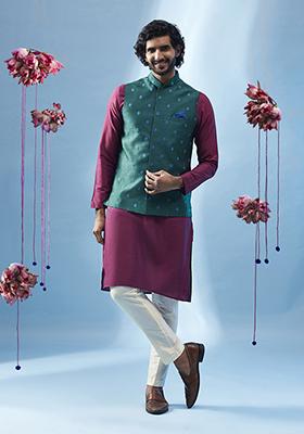Bottle Green Embroidered Silk Blend Kurta Jacket Set