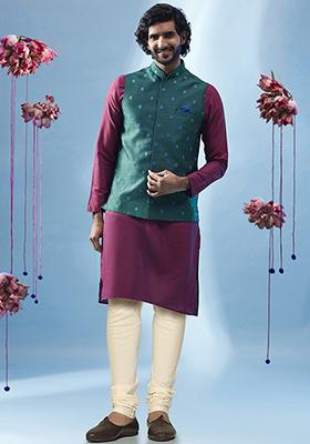 Bottle Green Embroidered Silk Blend Kurta Jacket Set