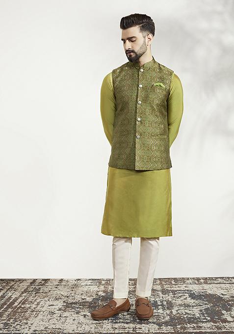 Olive Jacquard Silk Blend Kurta Jacket Set