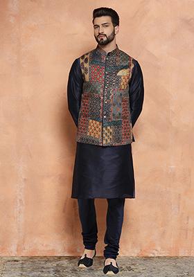 Multicolour Printed Silk Blend Kurta Jacket Set