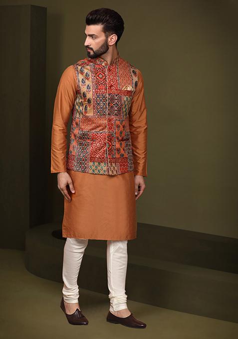 Multicolour Printed Silk Blend Kurta Jacket Set
