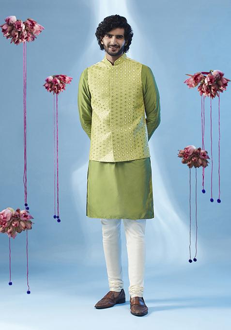 Pista Green Embroidered Silk Blend Kurta Jacket Set